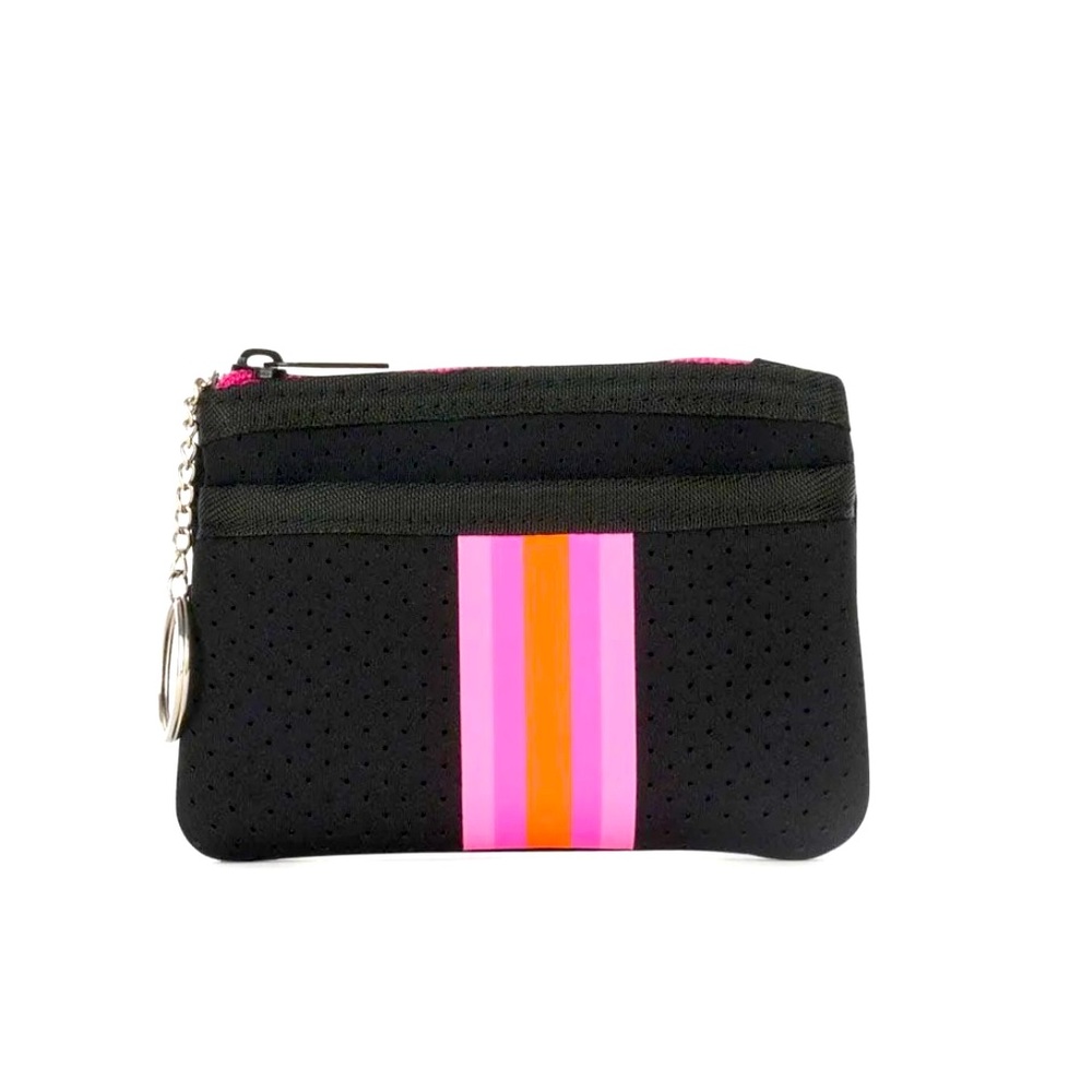 Haute Shore Max Rave Zip Card Case Pouch in (Black with Pink/Orange Stripes)